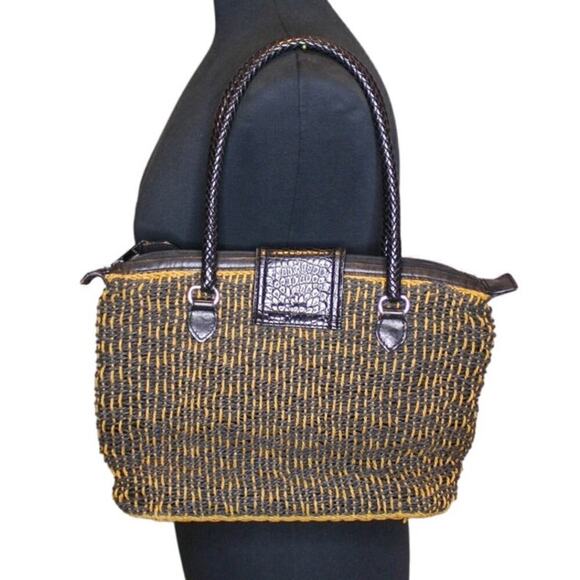 Brighton Shoulder Bag Purse Straw Weave Leather Boho Classic Tan Black - Picture 4 of 5